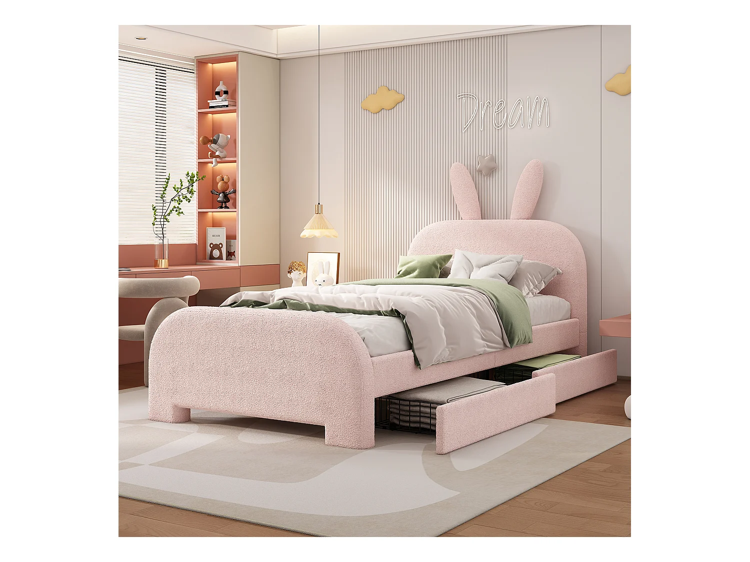 Lit 90x200cm, lit simple enfant avec 2 tiroirs, sommier à lattes et tête de lit en forme de lapin, en laine de mouton, rose