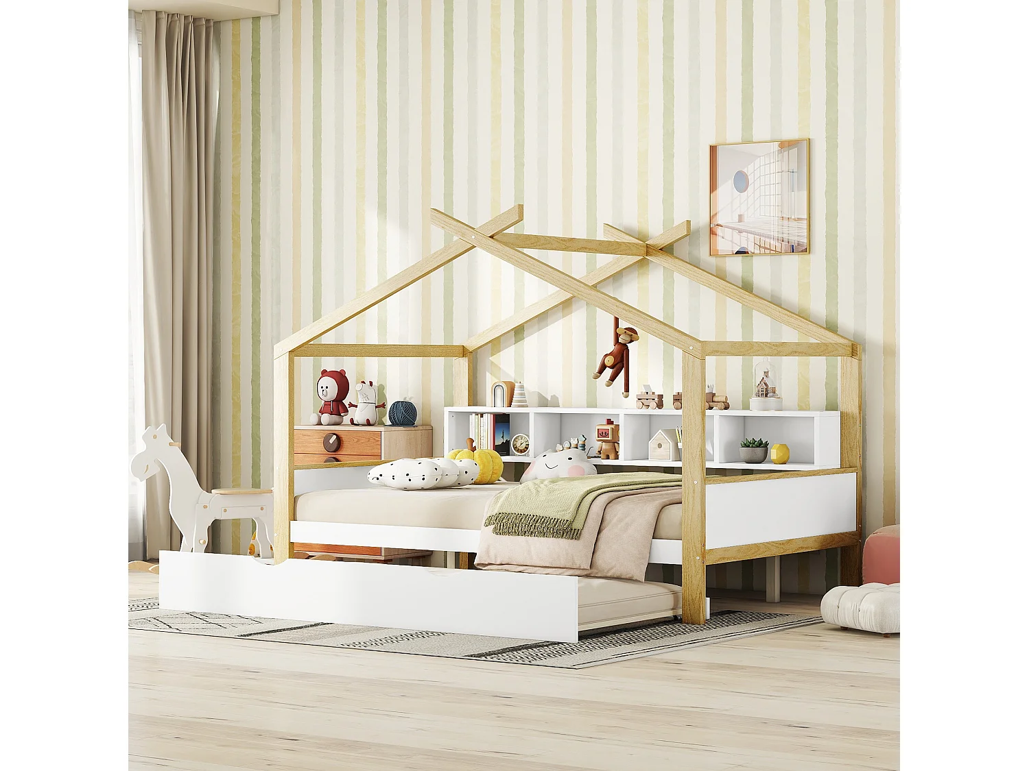 Cama nido 140x200cm, cama infantil tipo casita, equipada con cama nido, 4 compartimentos de almacenaje, color blanco