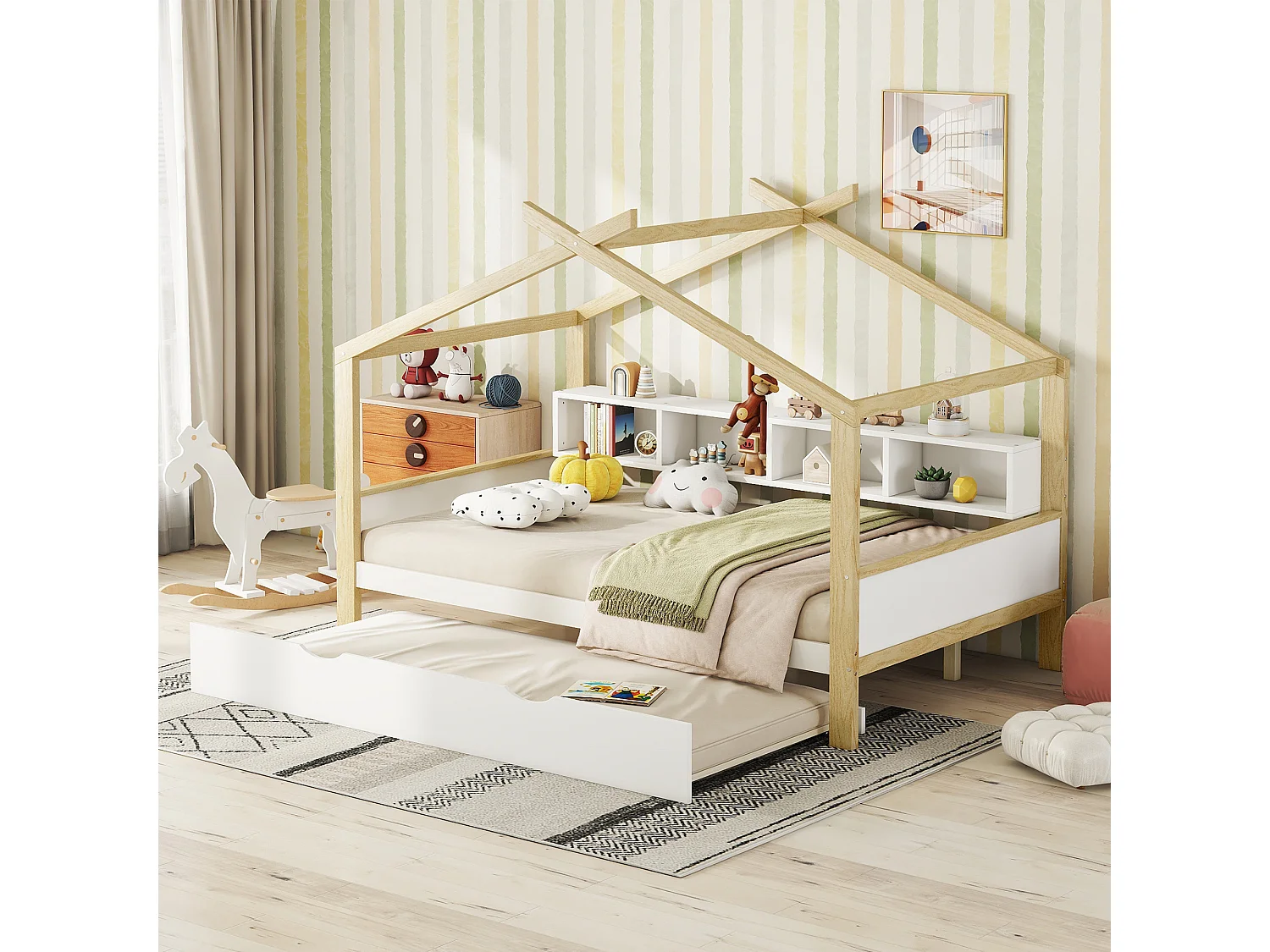 Lit cabane 140x200cm, lit de maison d'enfant, équipé d'un lit gigogne, 4 compartiments de rangement, blanc