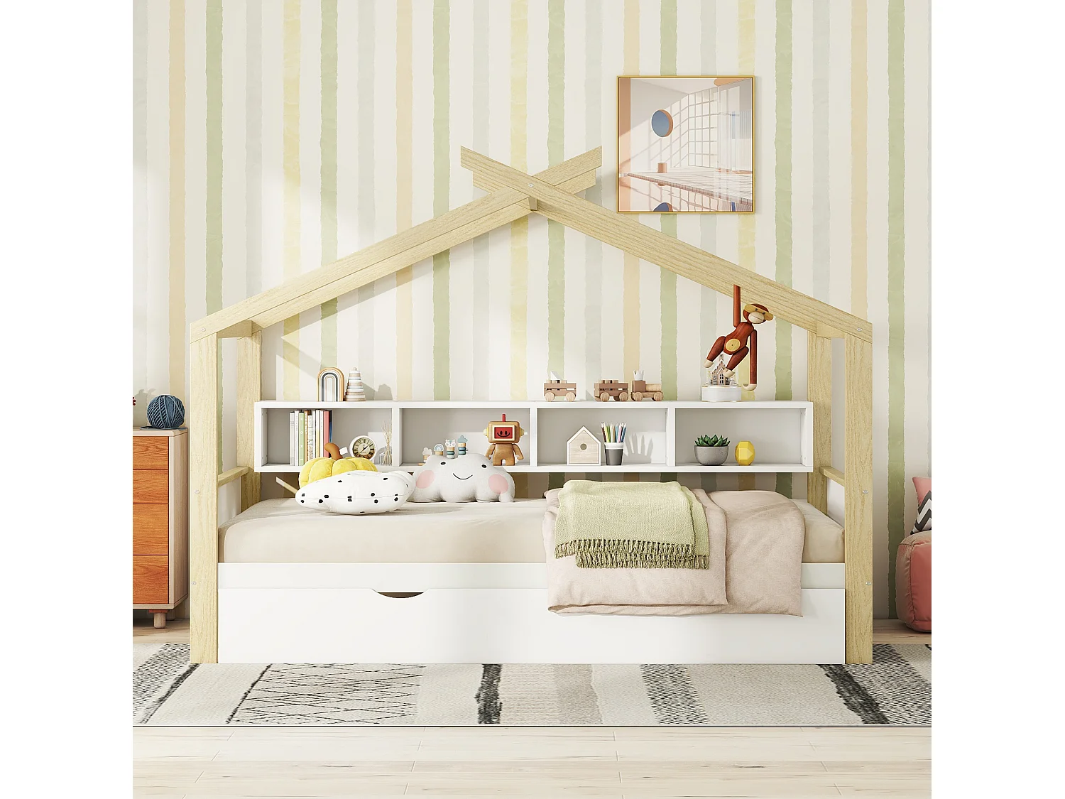 Lit cabane 140x200cm, lit de maison d'enfant, équipé d'un lit gigogne, 4 compartiments de rangement, blanc