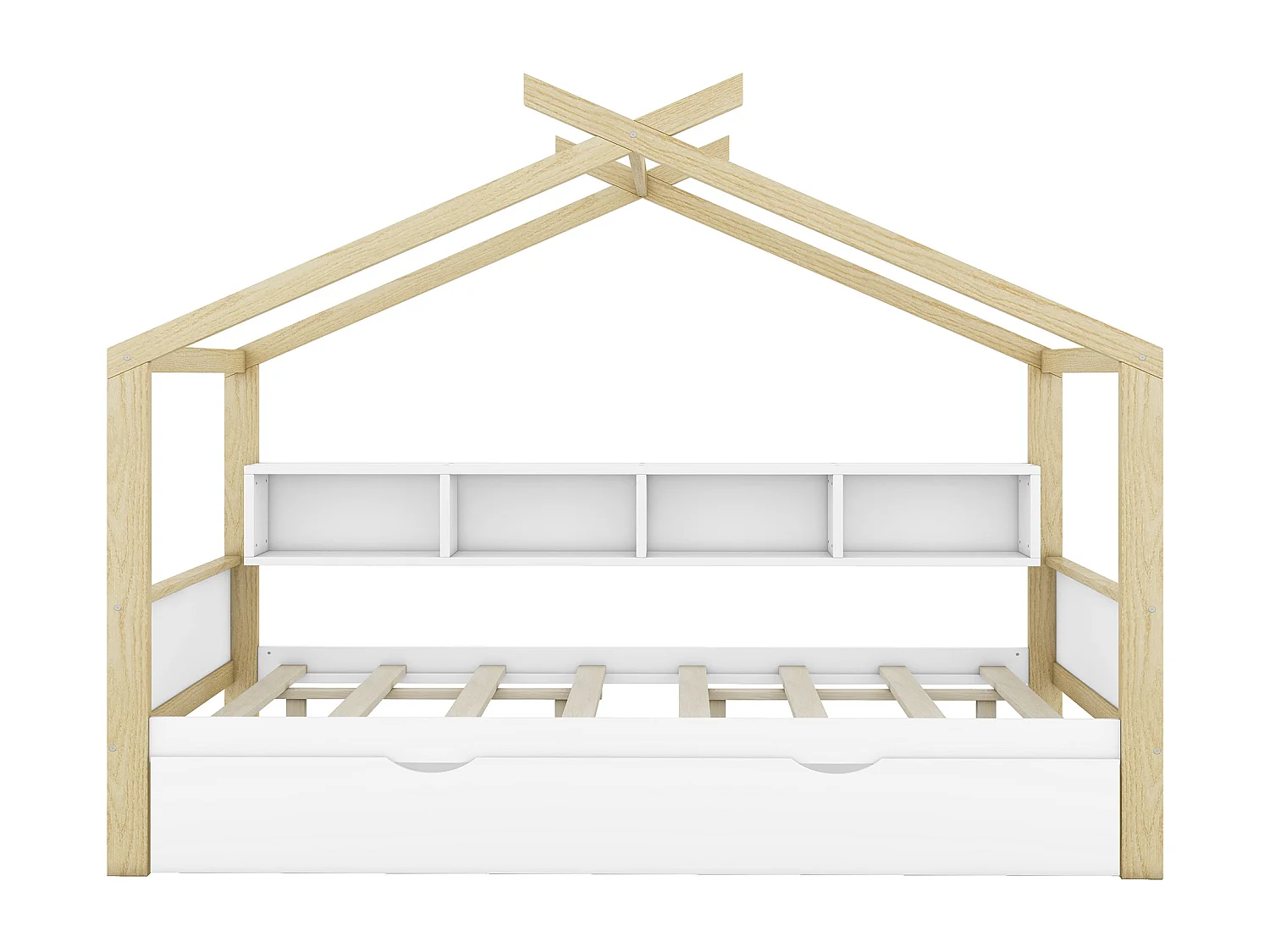 Lit cabane 140x200cm, lit de maison d'enfant, équipé d'un lit gigogne, 4 compartiments de rangement, blanc