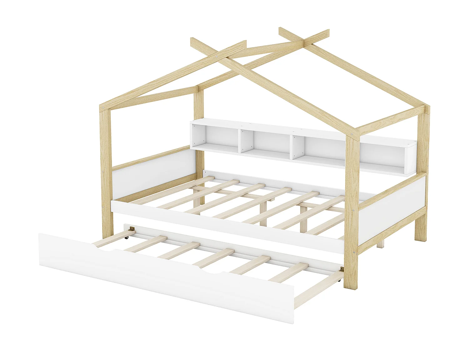 Lit cabane 140x200cm, lit de maison d'enfant, équipé d'un lit gigogne, 4 compartiments de rangement, blanc