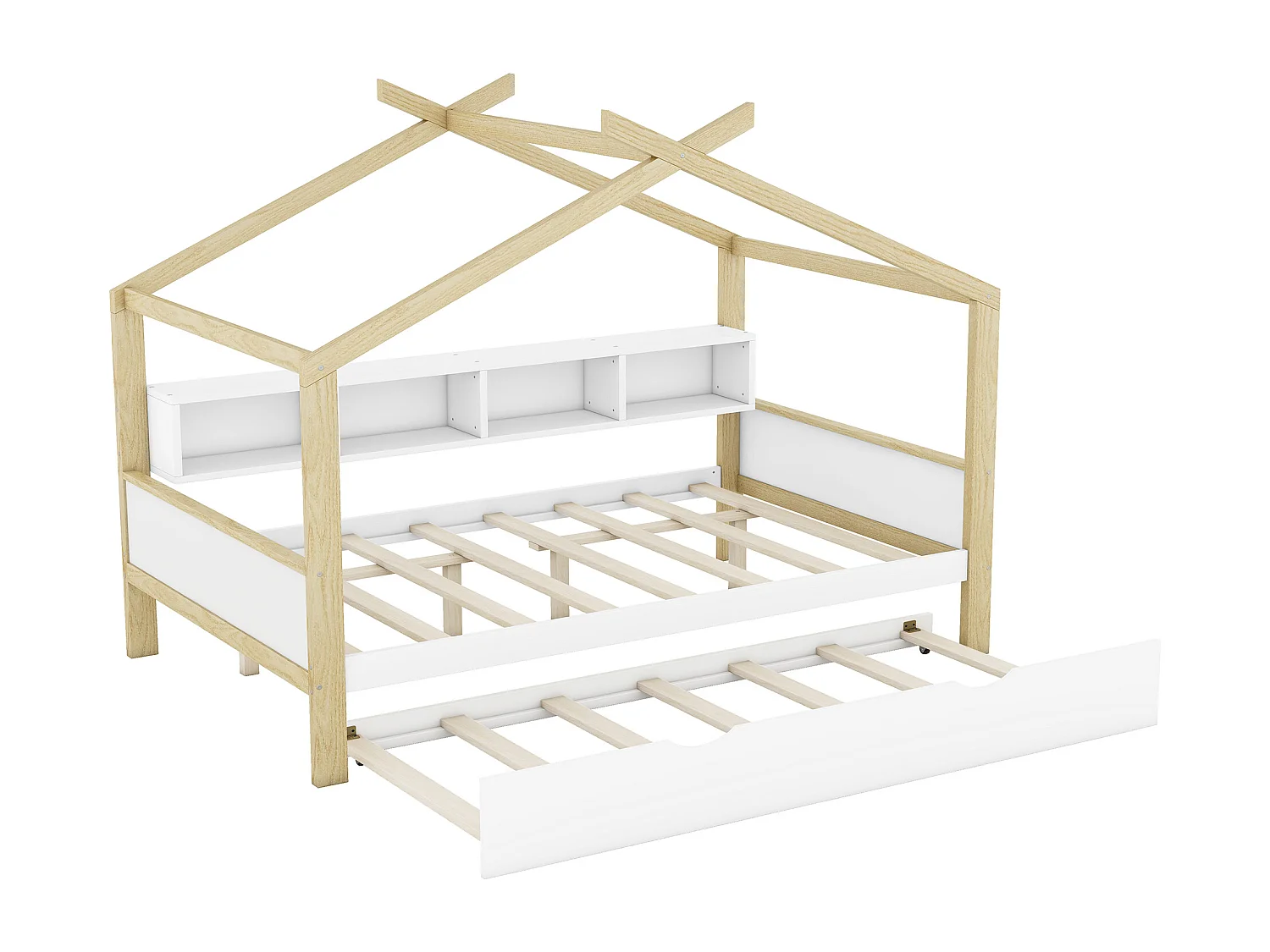 Lit cabane 140x200cm, lit de maison d'enfant, équipé d'un lit gigogne, 4 compartiments de rangement, blanc