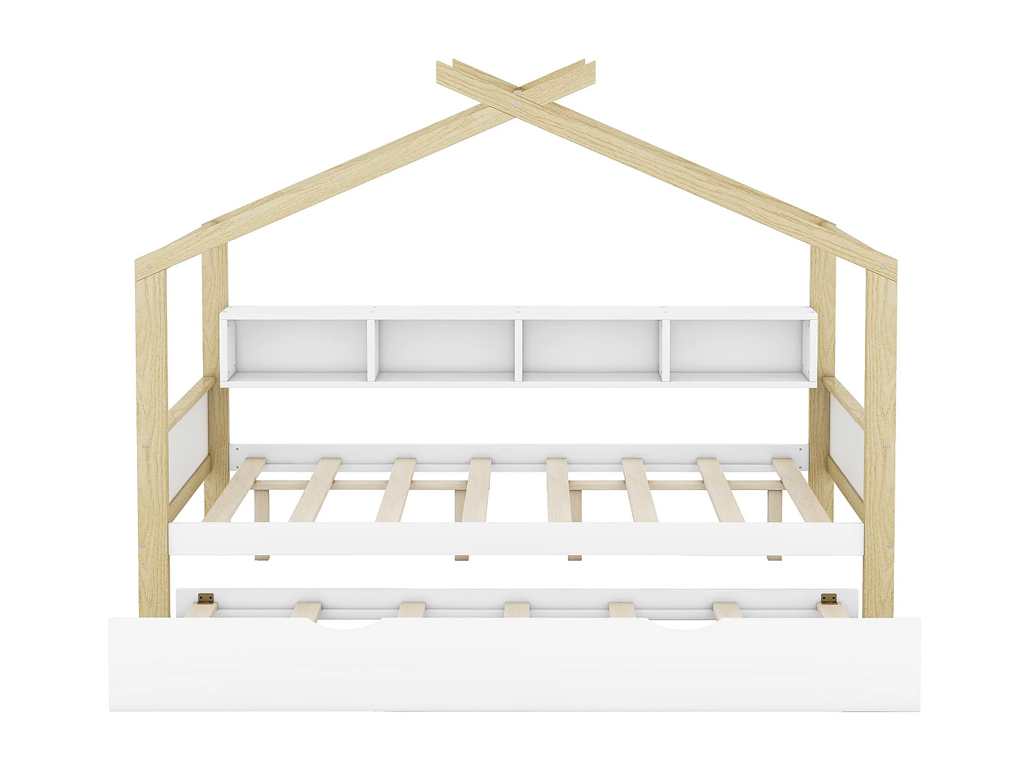 Lit cabane 140x200cm, lit de maison d'enfant, équipé d'un lit gigogne, 4 compartiments de rangement, blanc