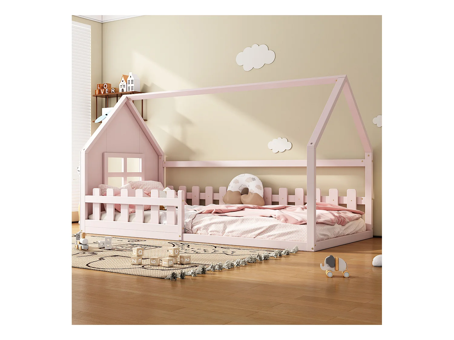 Lit cabane 90x200cm, lit plat d'enfant avec barre de maison, sommier à lattes, pin, rose