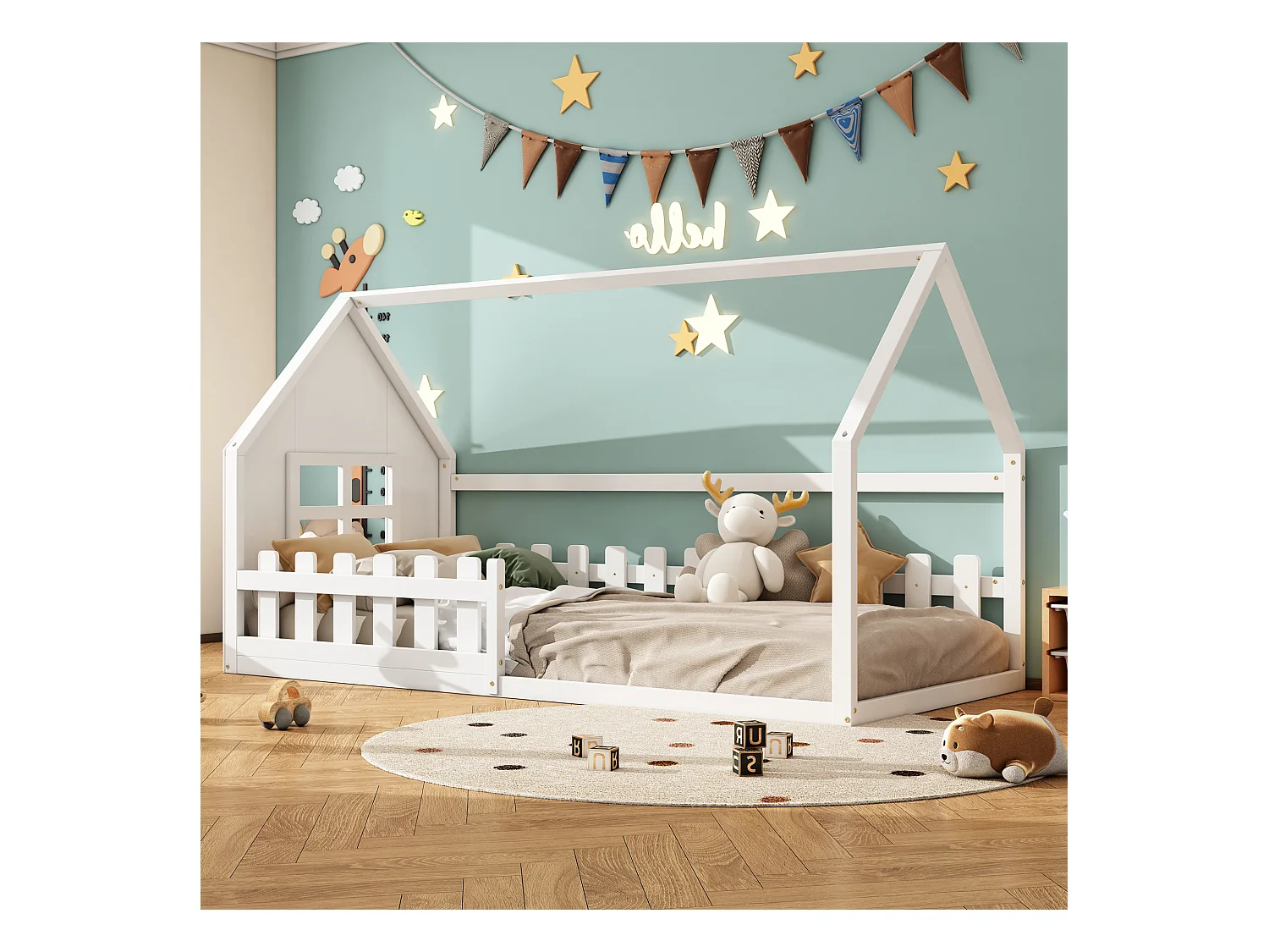 Lit cabane 90x200cm, lit plat d'enfant avec barre de maison, sommier à lattes, pin, blanc