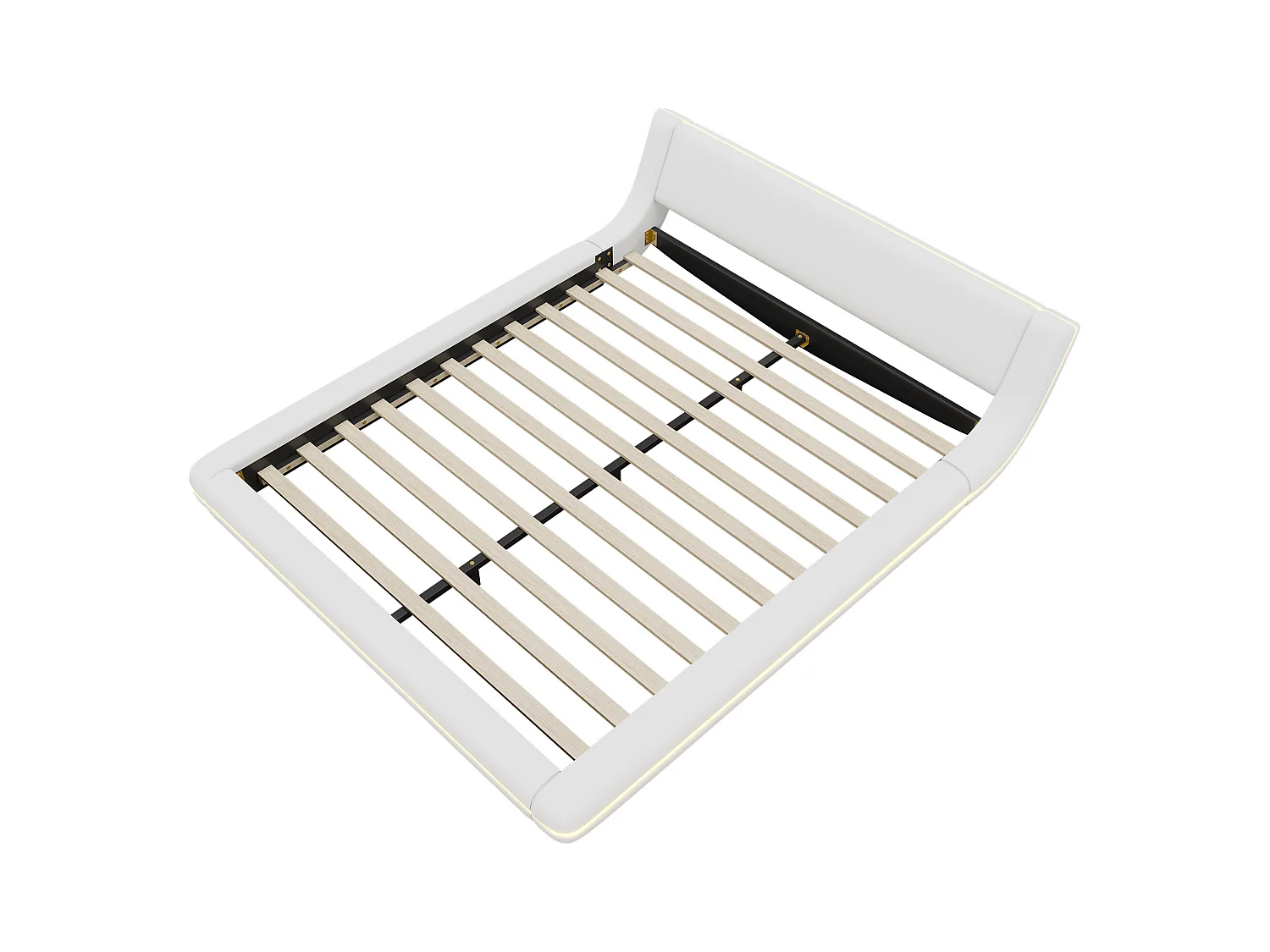 Lit double plat 160x200cm, lit adulte au sol, cadre de lit avec LED, sommier à lattes et tête de lit, PU, blanc