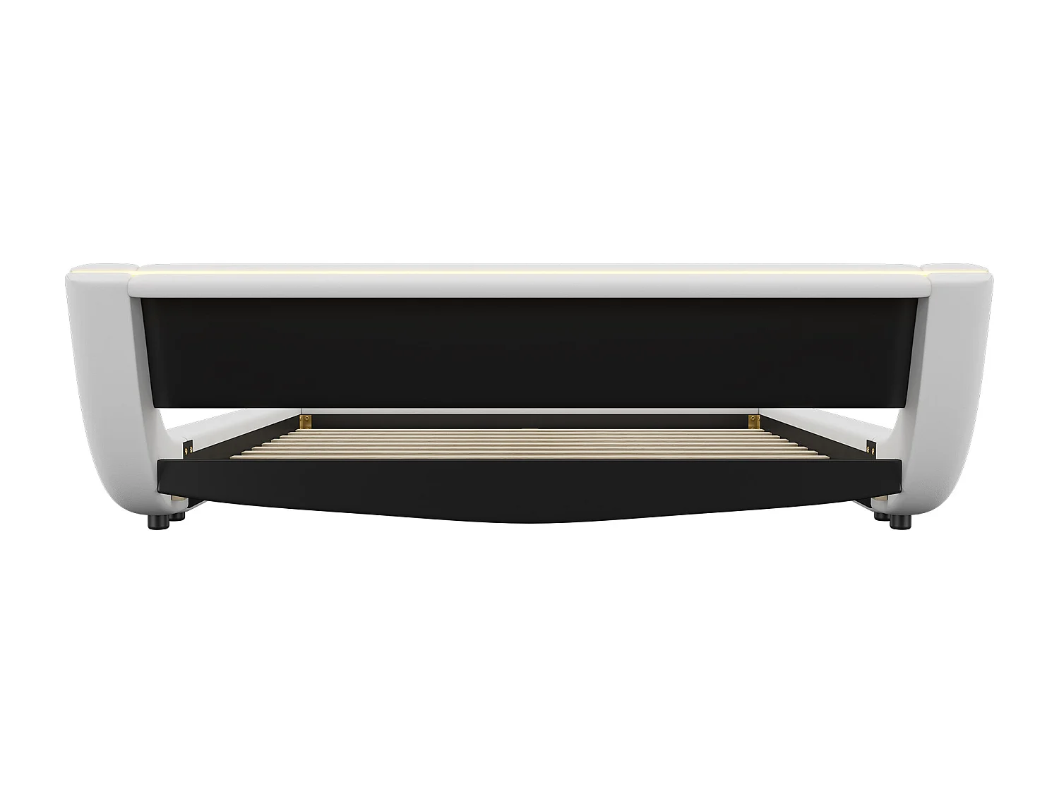 Lit double plat 160x200cm, lit adulte au sol, cadre de lit avec LED, sommier à lattes et tête de lit, PU, blanc