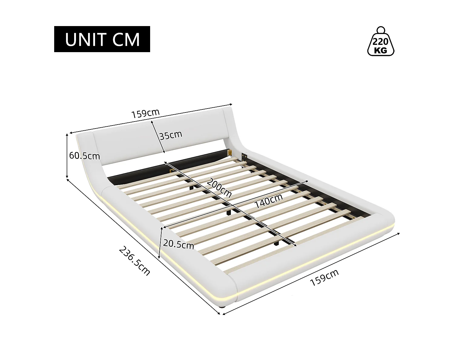 Vlak tweepersoonsbed 140x200cm, volwassen vloerbed, bedframe met LED, lattenbodem en hoofdbord, PU, wit