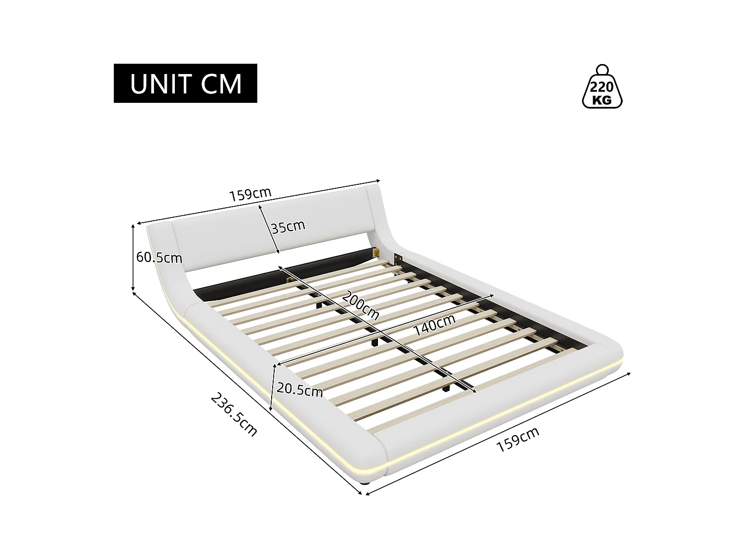 Lit double plat 140x200cm, lit adulte au sol, cadre de lit avec LED, sommier à lattes et tête de lit, PU, blanc