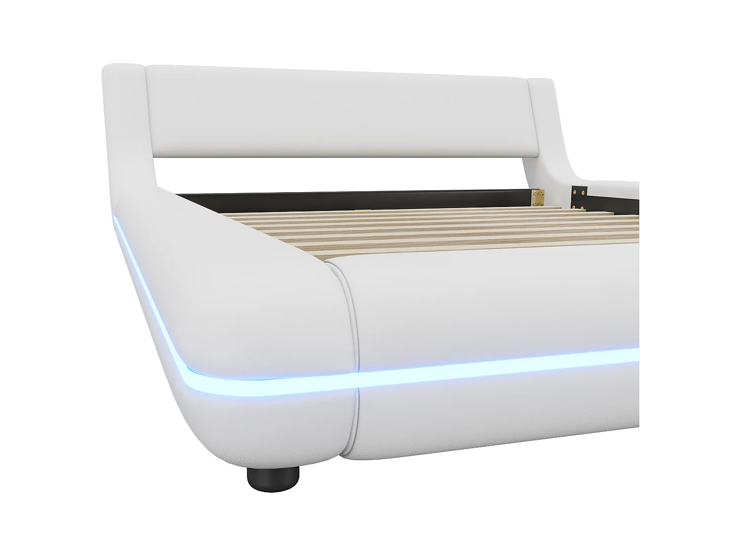 Lit double plat 140x200cm, lit adulte au sol, cadre de lit avec LED, sommier à lattes et tête de lit, PU, blanc