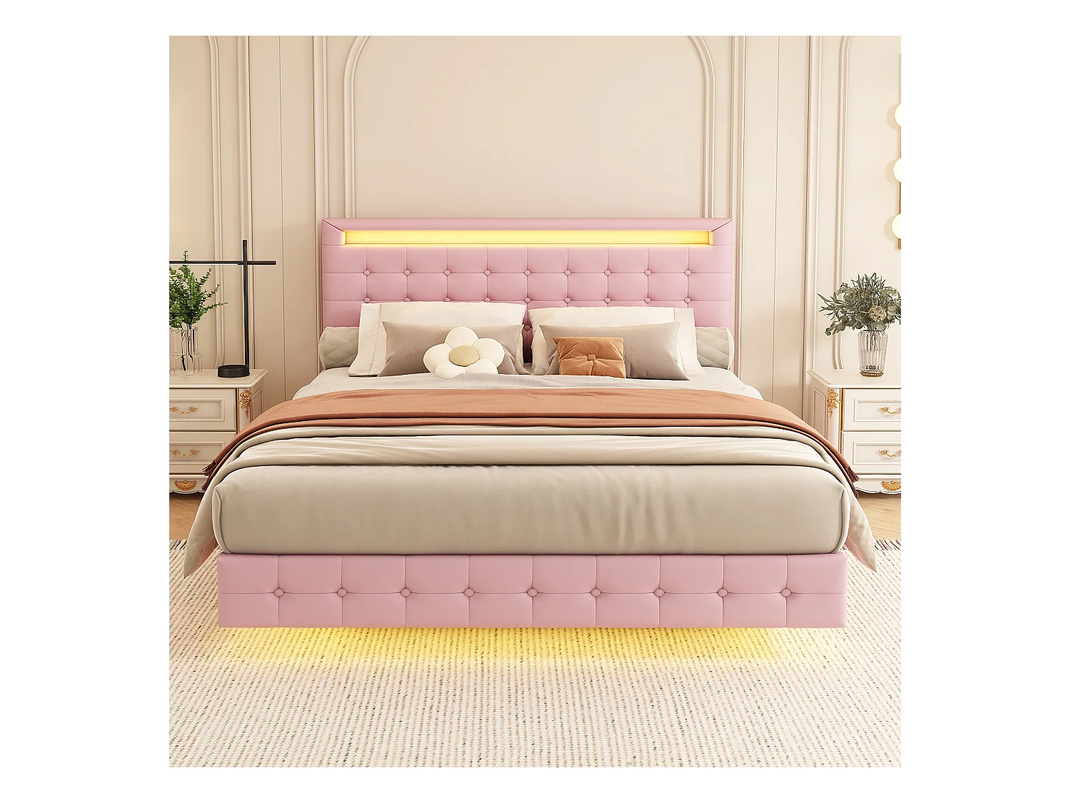 Lit adute 140x200cm - avec LED et télécommande - en similicuir - Rose