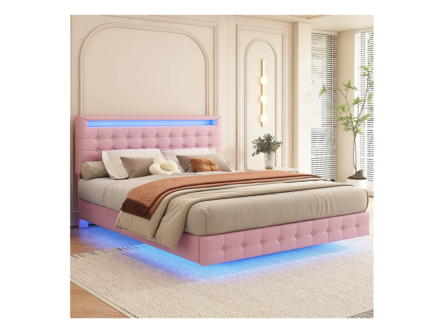 Lit adute 140x200cm - avec LED et télécommande - en similicuir - Rose