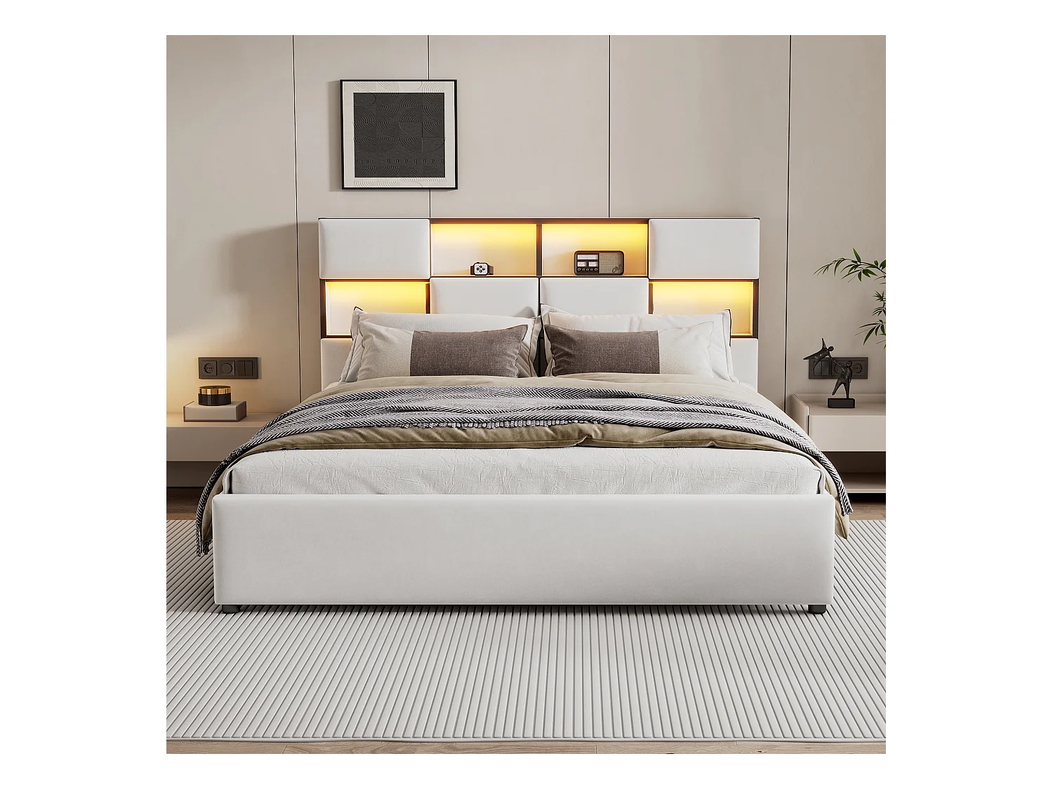 Tweepersoonsbed voor volwassenen met sfeer-LED, vlak bed met lattenbodem en hoofdbord met USB-aansluiting, beige 160x200cm
