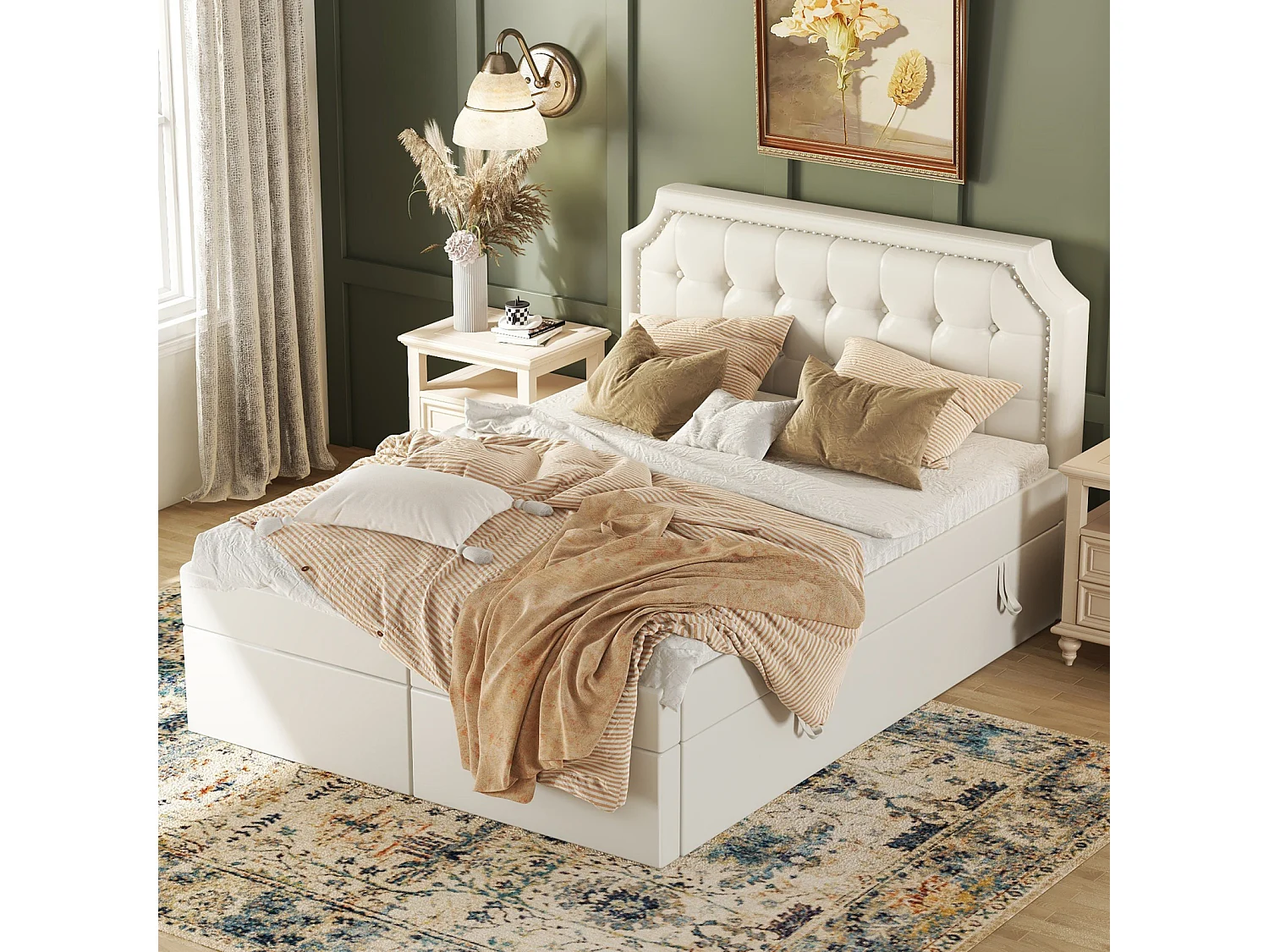 Gestoffeerd bed 140x200cm, tweepersoonsbed met lattenbodem in metalen frame, veel opbergruimte, aan beide zijden te openen, wit