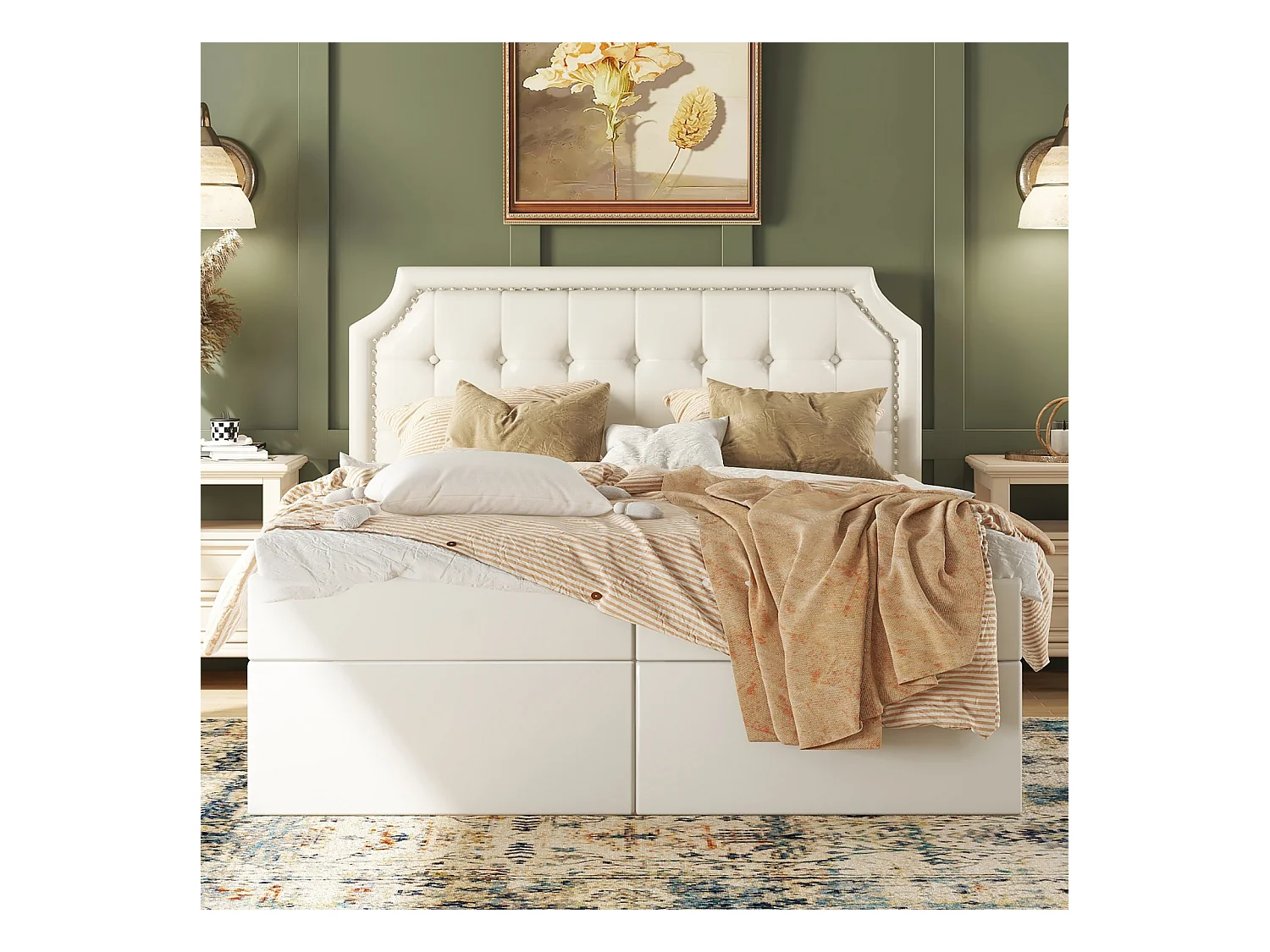 Lit capitonné 140x200cm, lit double avec sommier à lattes en structure métallique, grand espace de rangement, ouvre des deux côtés, blanc