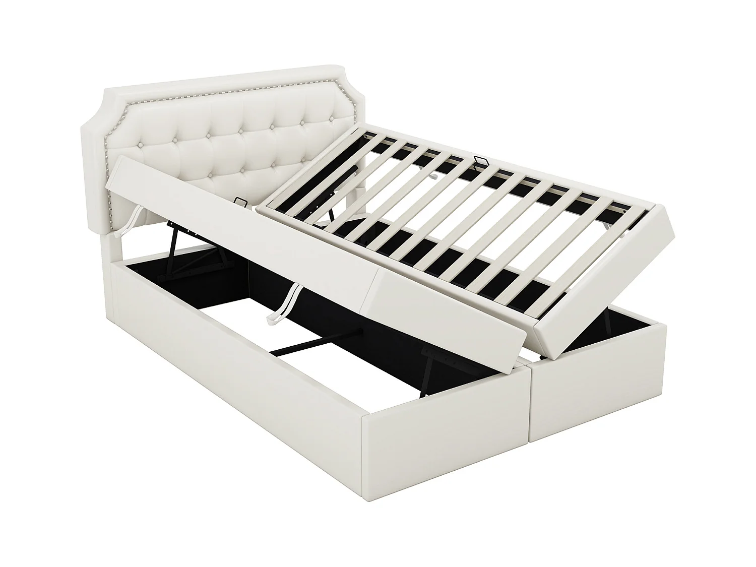 Lit capitonné 140x200cm, lit double avec sommier à lattes en structure métallique, grand espace de rangement, ouvre des deux côtés, blanc