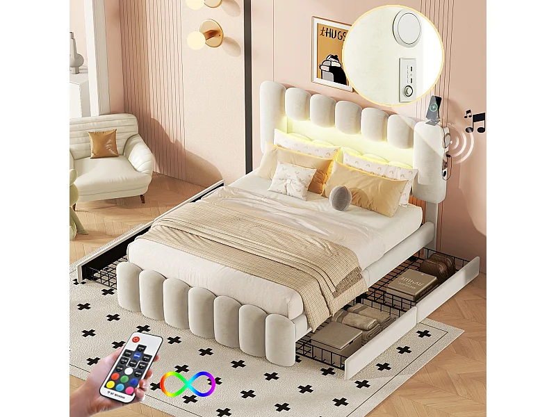 Lit avec tiroirs Lit adulte double 140 x 200 avec 4 tiroirs. LED avec USB et stéréo. en Cuir beige