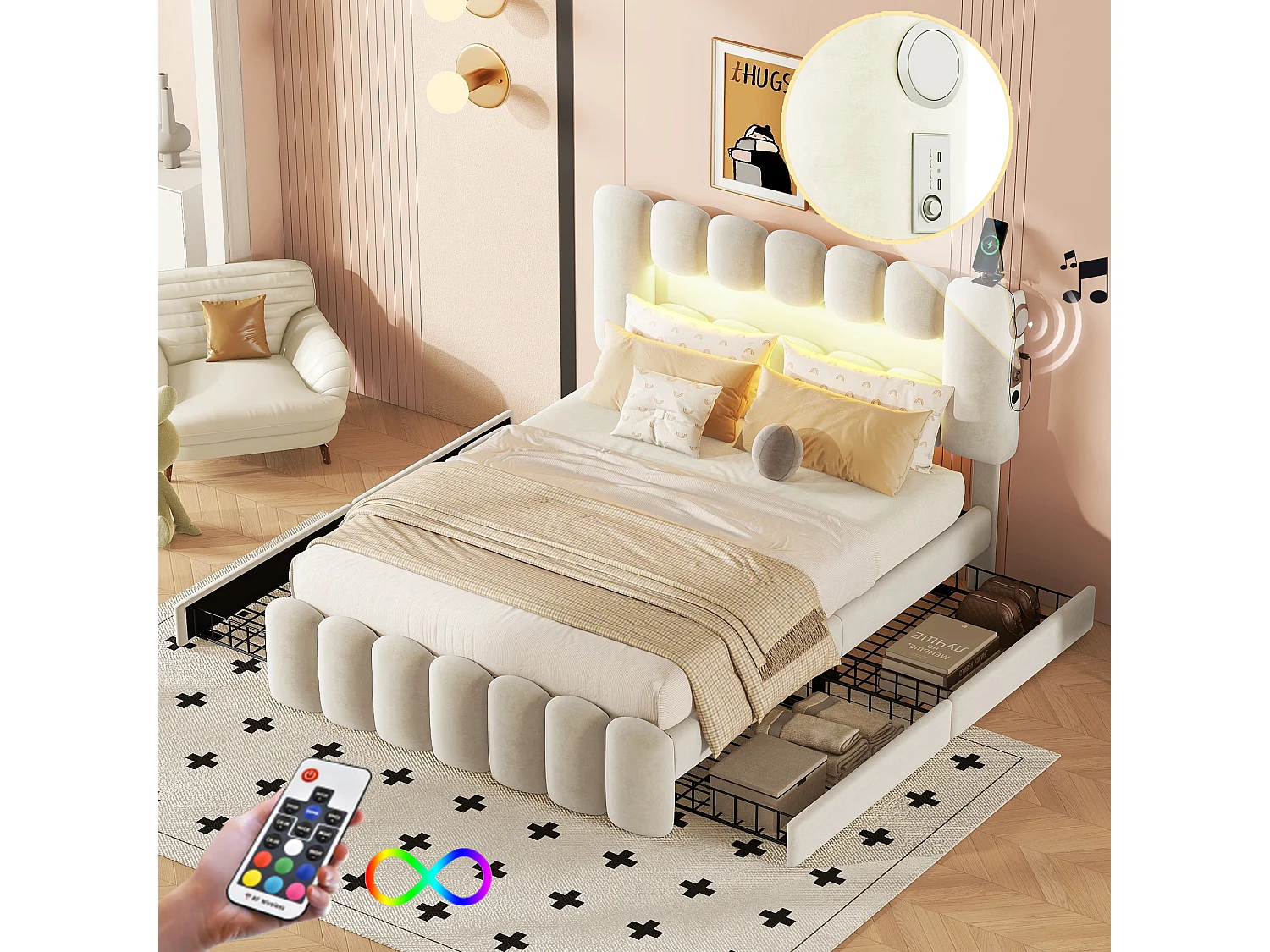 Lit avec tiroirs Lit adulte double 140 x 200 avec 4 tiroirs. LED avec USB et stéréo. en Cuir beige