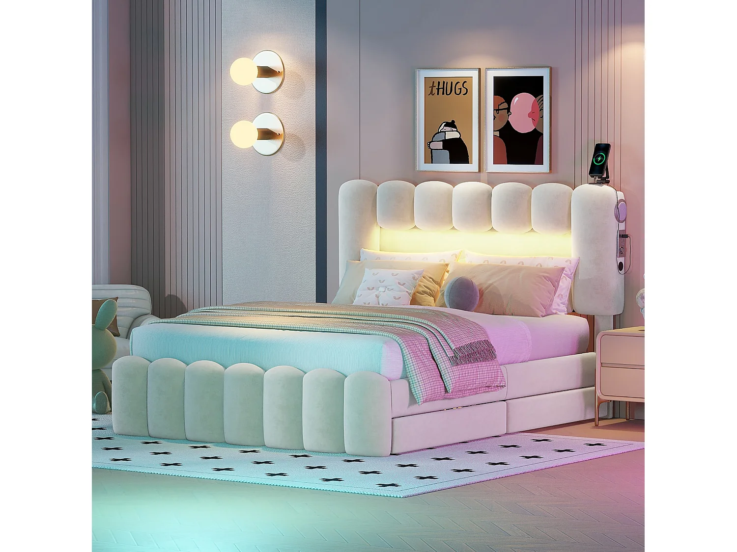 Lit avec tiroirs Lit adulte double 140 x 200 avec 4 tiroirs. LED avec USB et stéréo. en Cuir beige