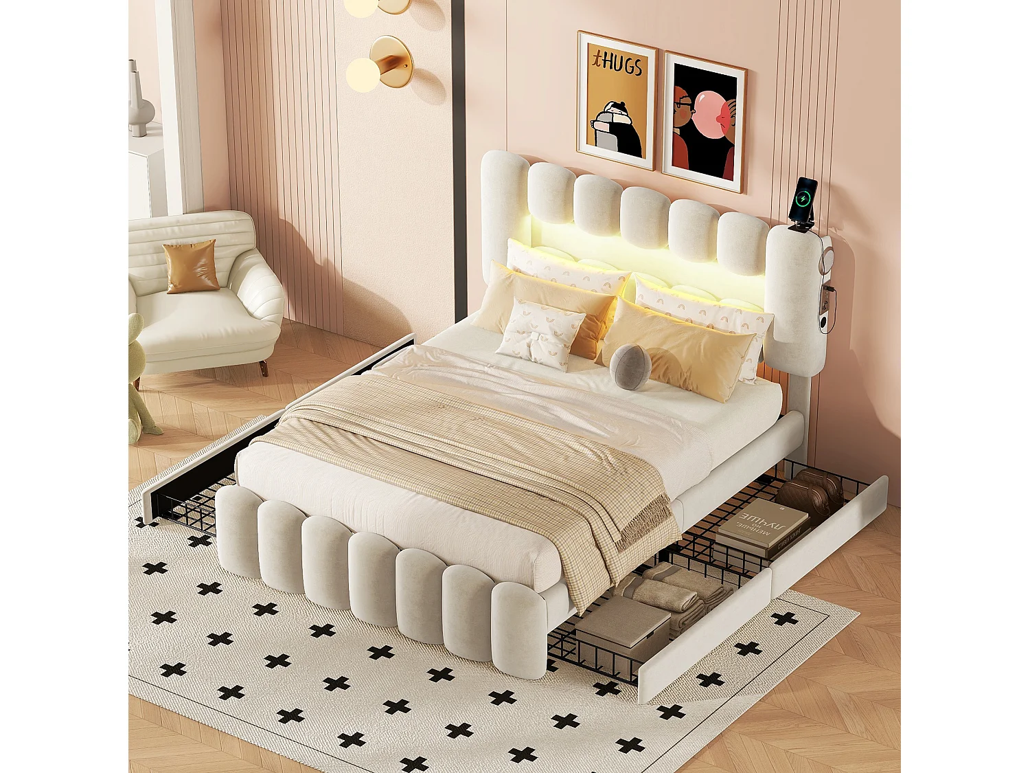 Lit avec tiroirs Lit adulte double 140 x 200 avec 4 tiroirs. LED avec USB et stéréo. en Cuir beige