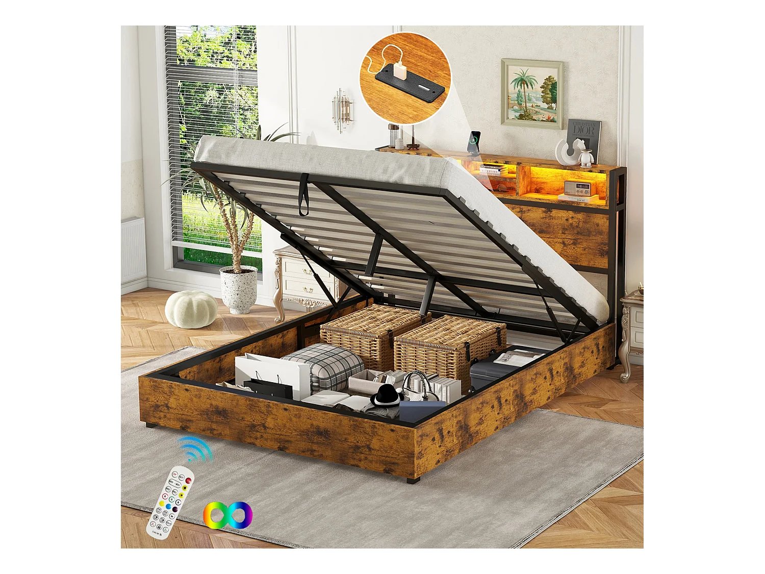 Lit coffre LED, lit double avec sommier à lattes et tête de lit rangement, style industriel, marron 140x200cm
