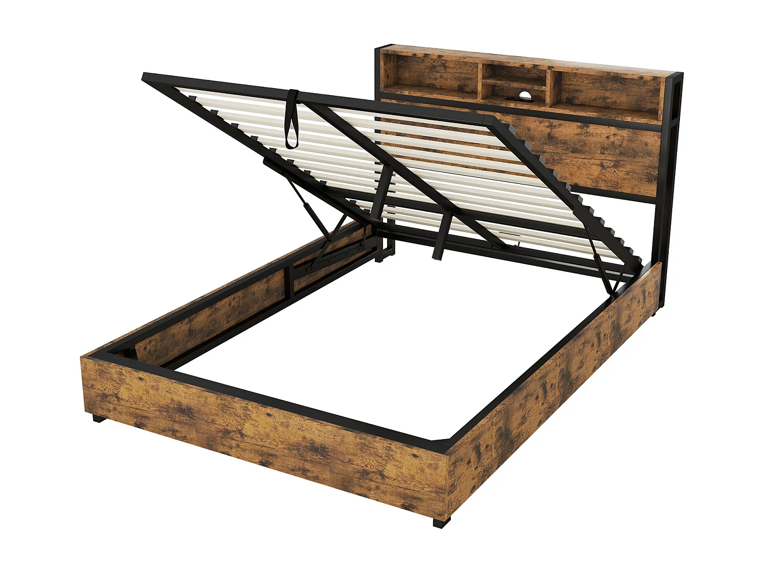 LED-opbergbed, tweepersoonsbed met lattenbodem en opberghoofdeinde, industriële stijl, bruin 140x200cm