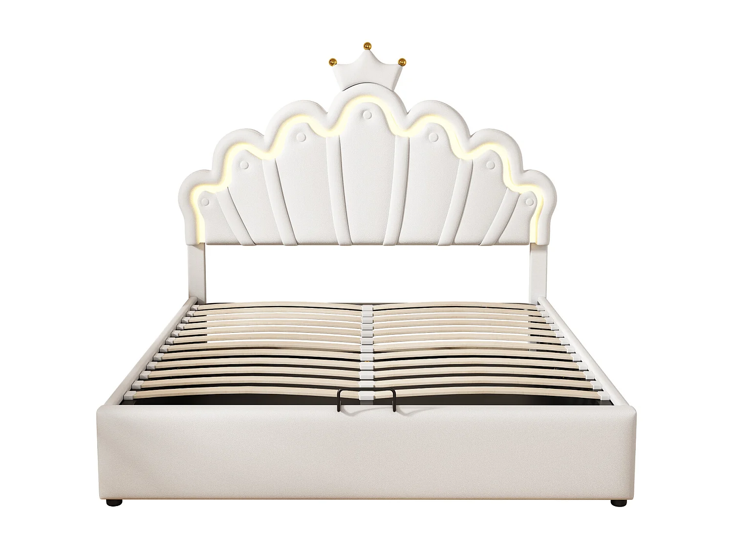 Lit plat, lit capitonné, lit princesse, éclairage d'ambiance réglable, moulure couronnée, blanc, 140 x 200 cm