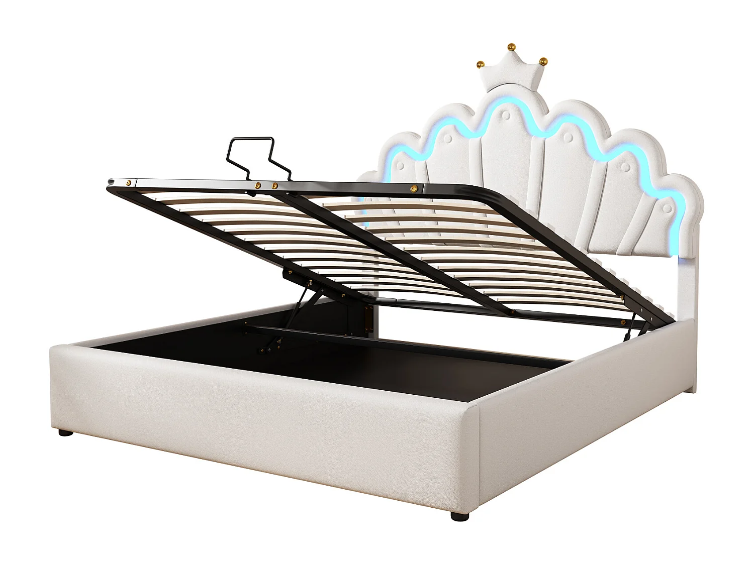 Lit plat, lit capitonné, lit princesse, éclairage d'ambiance réglable, moulure couronnée, blanc, 140 x 200 cm