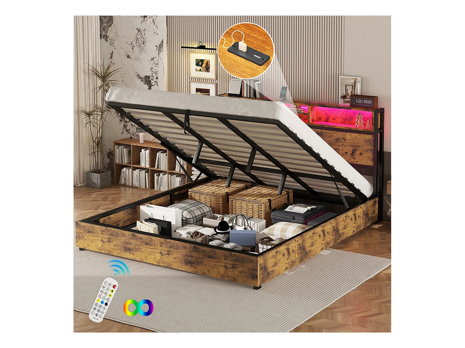 Lit coffre LED, lit double avec sommier à lattes et tête de lit rangement, style industriel, marron 180x200cm