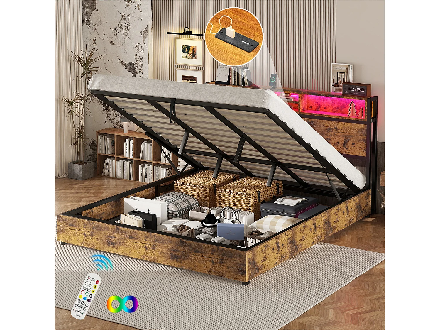 LED-opbergbed, tweepersoonsbed met lattenbodem en opberghoofdeinde, industriële stijl, bruin 180x200cm