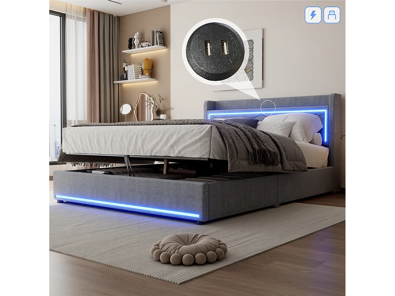 Lit coffre capitonné avec LED, sommier à lattes et tête de lit avec port USB, lin, gris 160x200cm