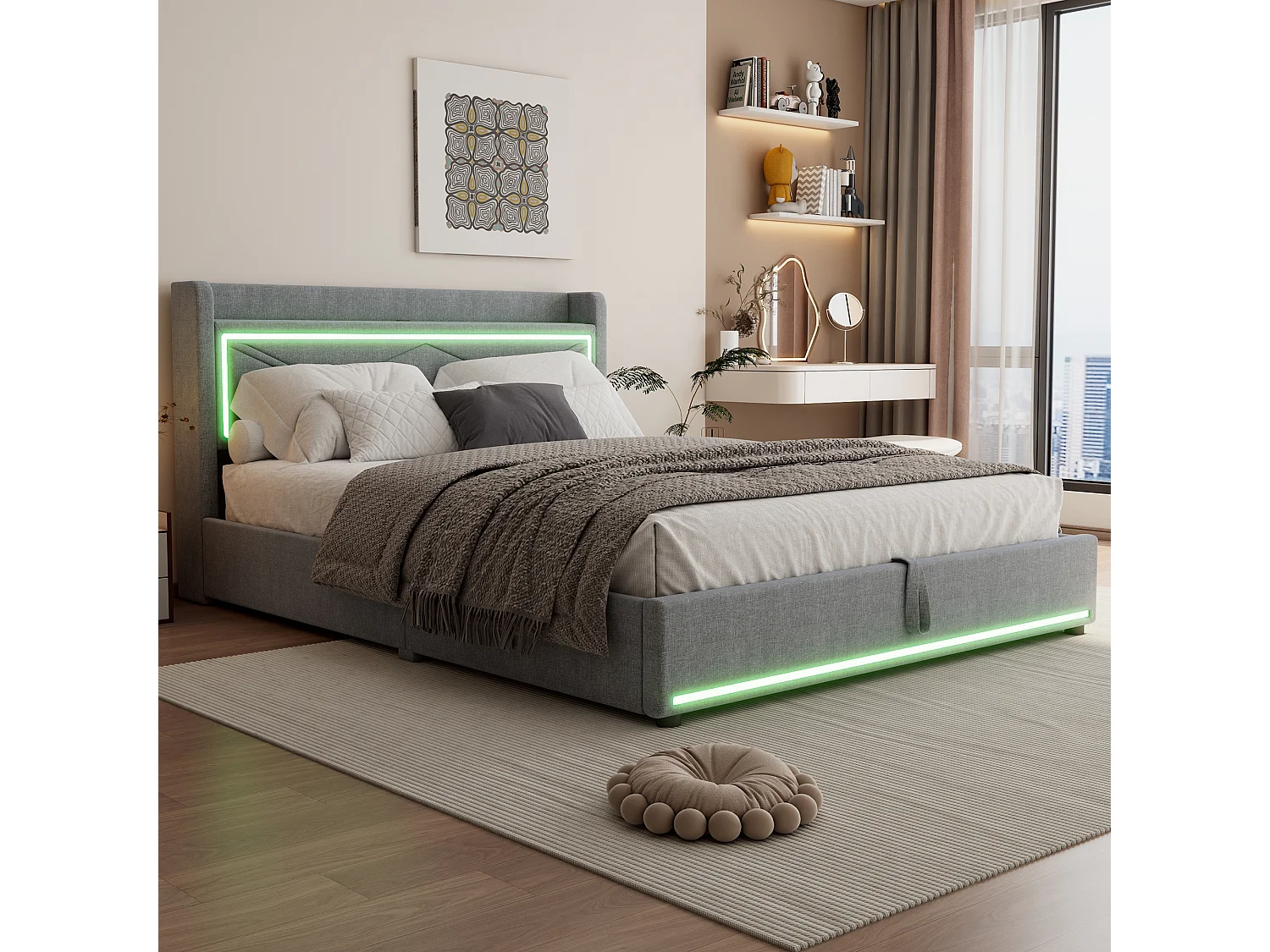 Lit coffre capitonné avec LED, sommier à lattes et tête de lit avec port USB, lin, gris 160x200cm