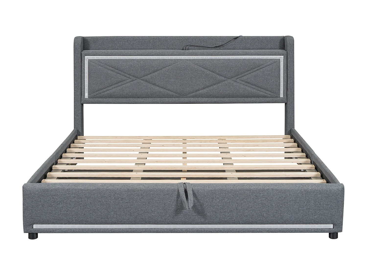 Lit coffre capitonné avec LED, sommier à lattes et tête de lit avec port USB, lin, gris 160x200cm