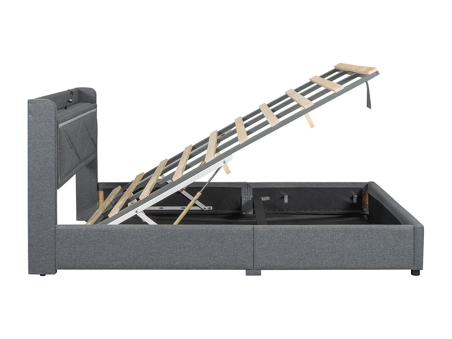 Lit coffre capitonné avec LED, sommier à lattes et tête de lit avec port USB, lin, gris 160x200cm