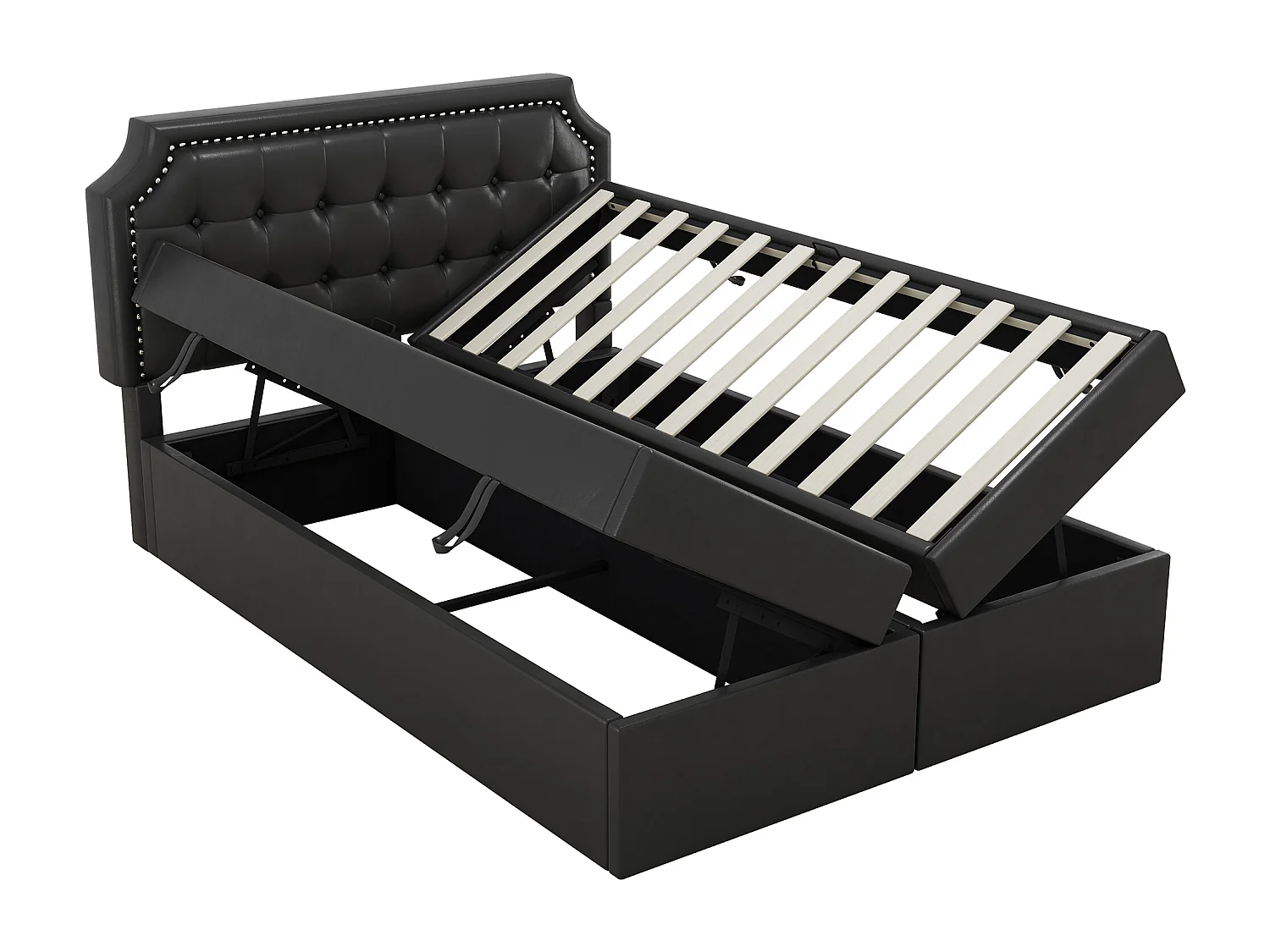 Lit capitonné 140x200cm, lit double avec sommier à lattes en structure métallique, grand espace de rangement, ouvre des deux côtés, noir