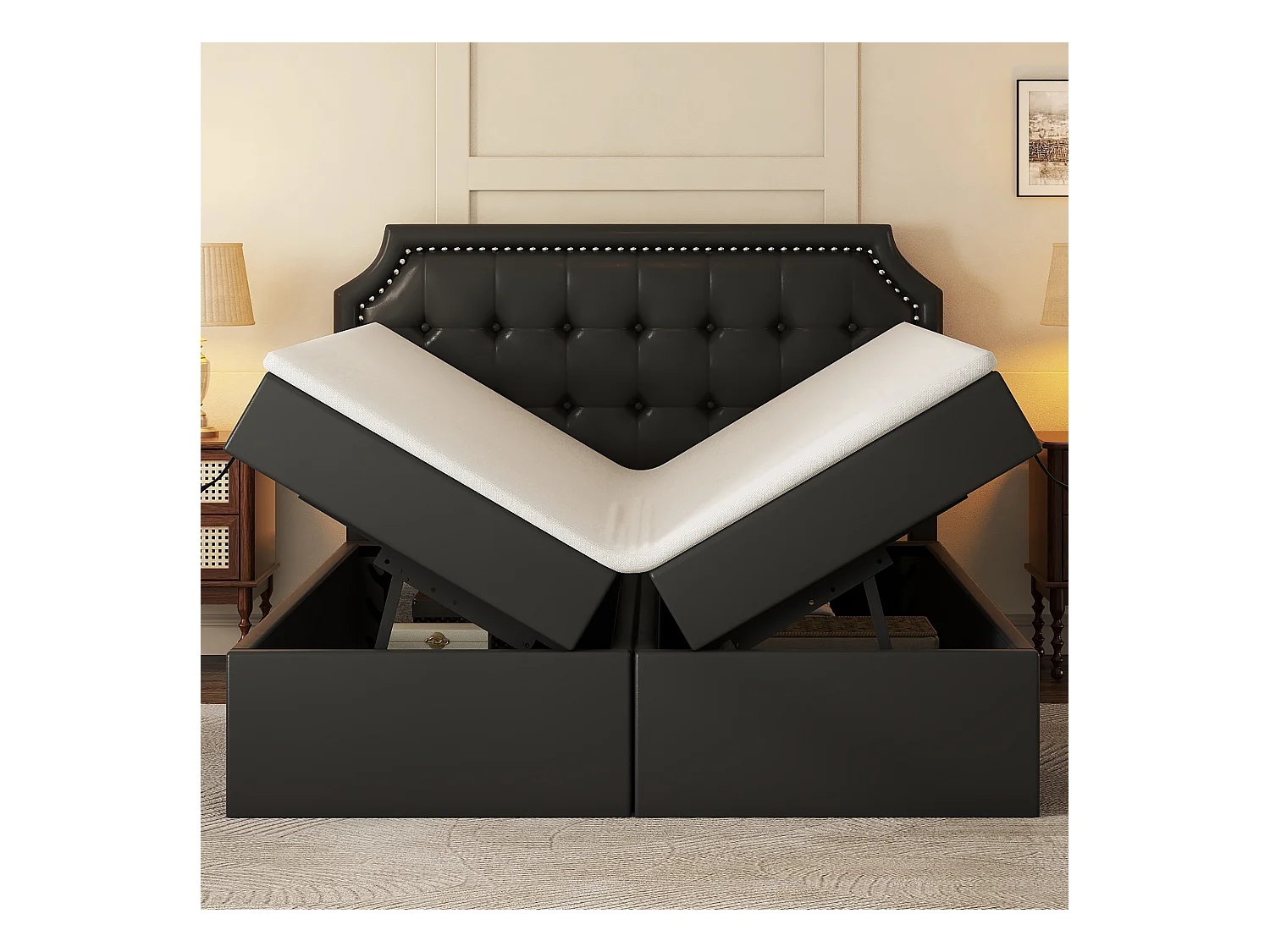 Cama tapizada 140x200cm, cama doble con somier de láminas en estructura de metal, gran espacio de almacenaje, apertura por ambos lados, color negro