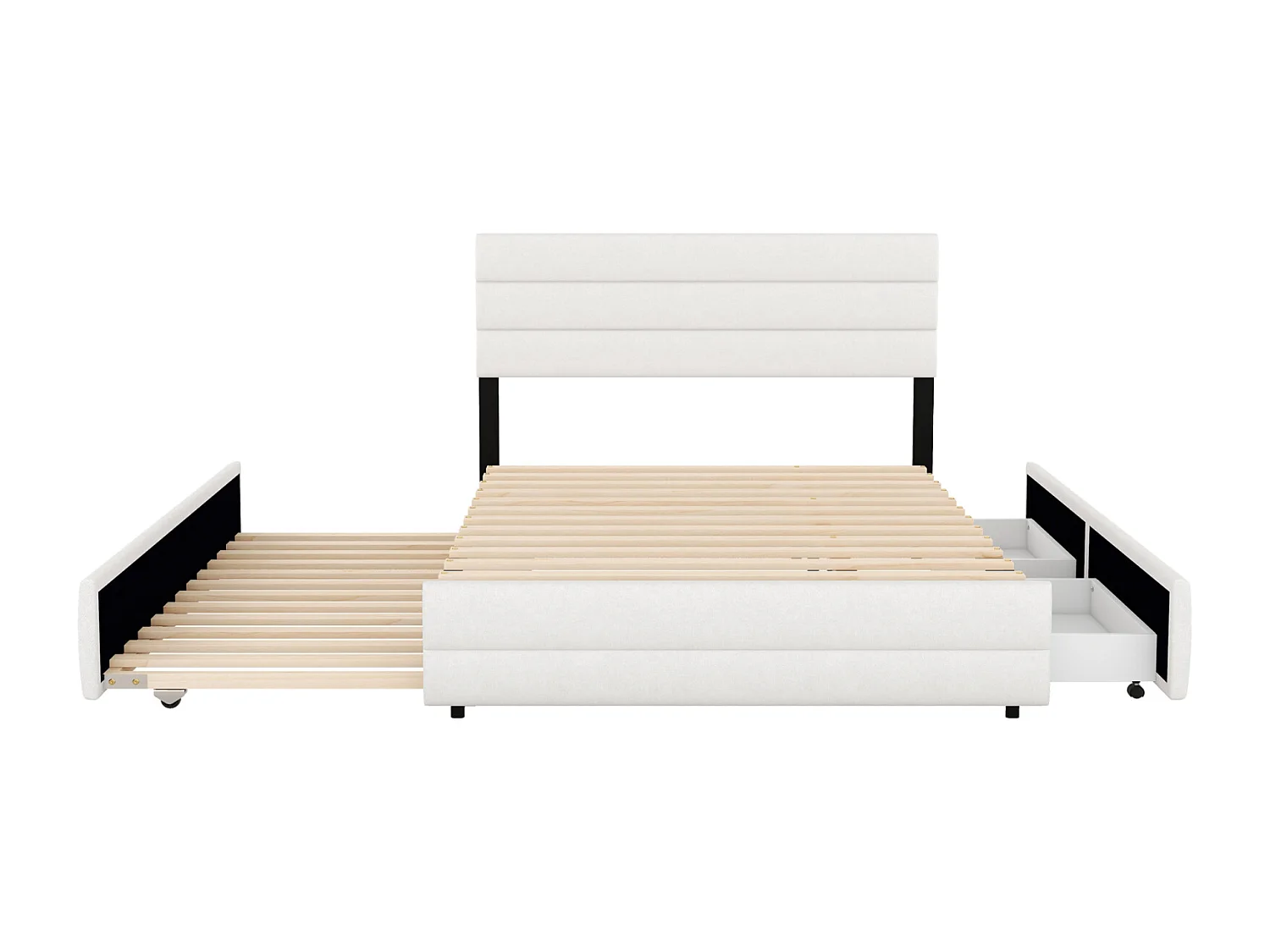 Uitschuifbed voor volwassenen en kinderen 140 x 200 cm & 90 x 190 cm met spijlen voor twee personen en twee lades, wit