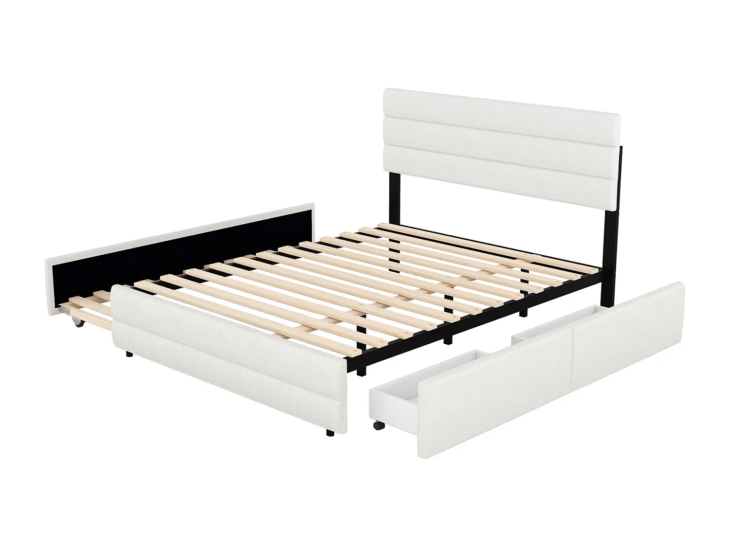 Uitschuifbed voor volwassenen en kinderen 140 x 200 cm & 90 x 190 cm met spijlen voor twee personen en twee lades, wit