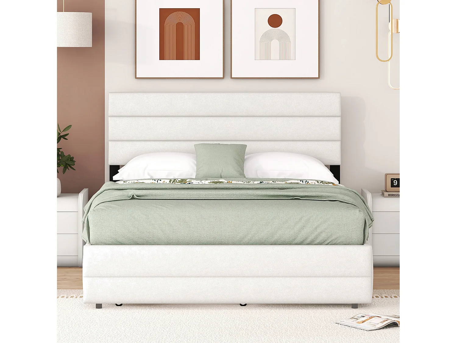 Cama nido para adultos y niños 140x200cm y 90x190cm con husillo para dos personas y dos cajones, color blanco