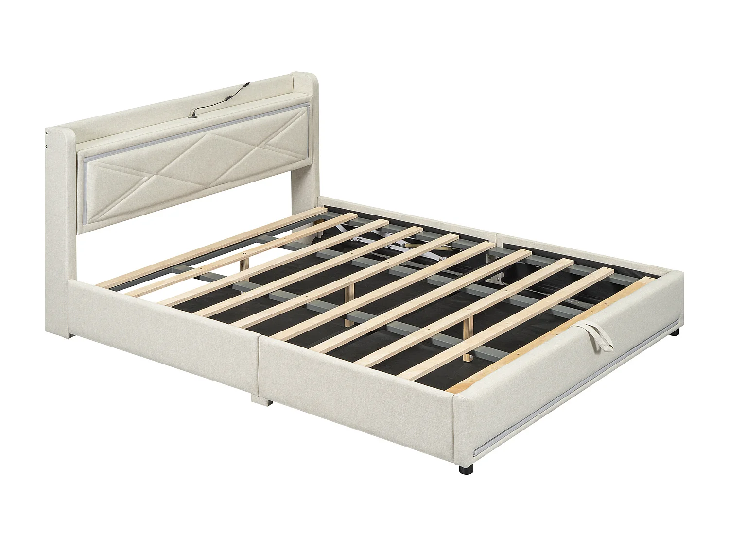 Lit coffre capitonné avec LED, sommier à lattes et tête de lit avec port USB, lin, beige 160x200cm