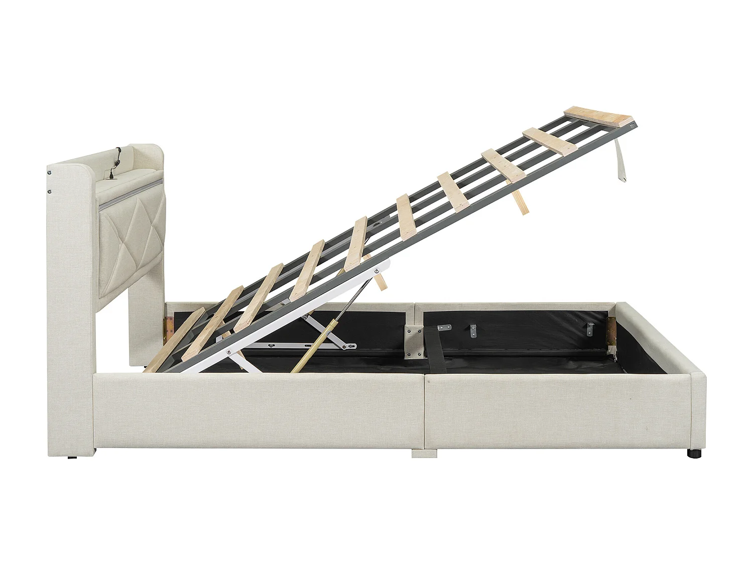 Lit coffre capitonné avec LED, sommier à lattes et tête de lit avec port USB, lin, beige 160x200cm