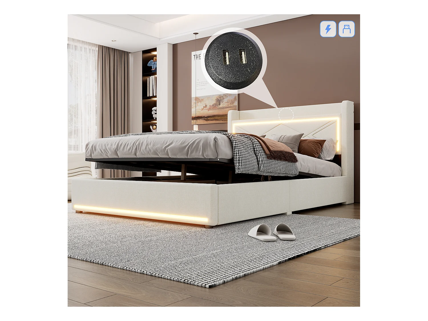 Lit coffre capitonné avec LED, sommier à lattes et tête de lit avec port USB, lin, beige 160x200cm