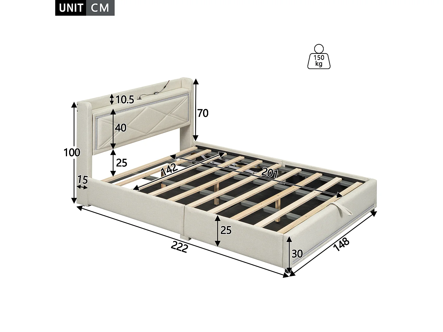 Lit coffre capitonné avec LED, sommier à lattes et tête de lit avec port USB, lin, beige 160x200cm