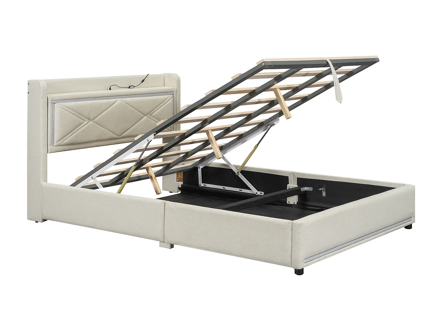 Lit coffre capitonné avec LED, sommier à lattes et tête de lit avec port USB, lin, beige 160x200cm
