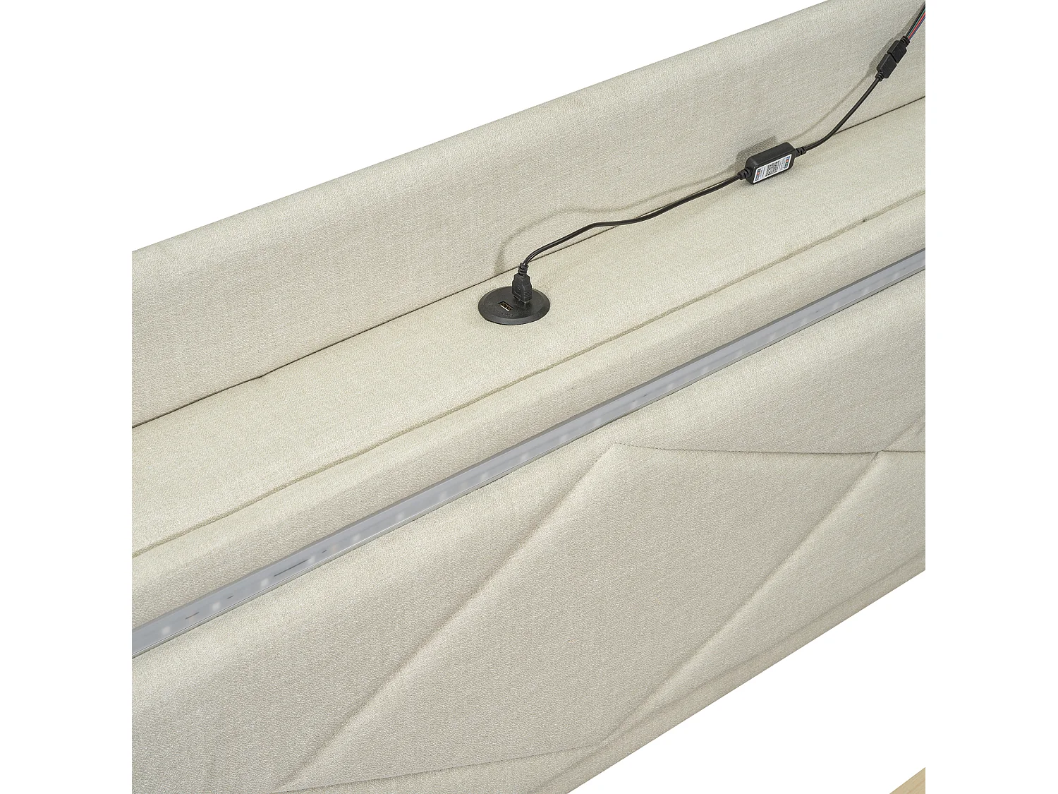 Lit coffre capitonné avec LED, sommier à lattes et tête de lit avec port USB, lin, beige 160x200cm