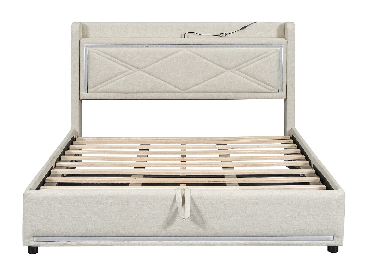 Lit coffre capitonné avec LED, sommier à lattes et tête de lit avec port USB, lin, beige 160x200cm