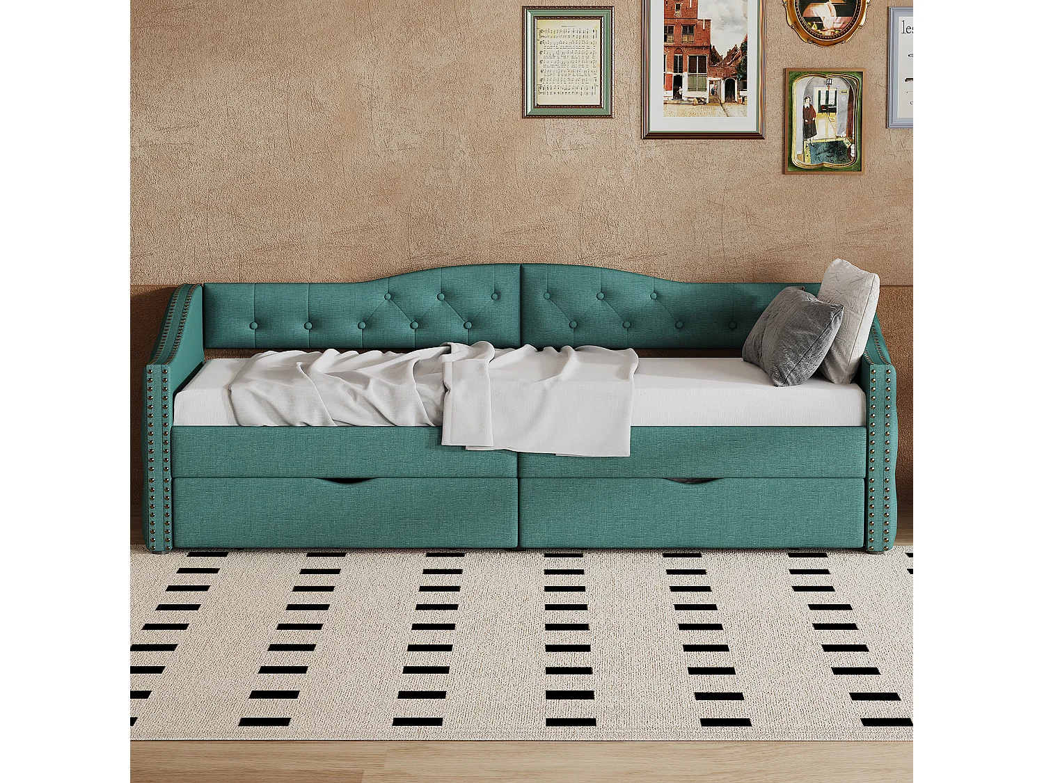 Uitschuifbed eenpersoonsbed 90 x 200 cm met lade, groen