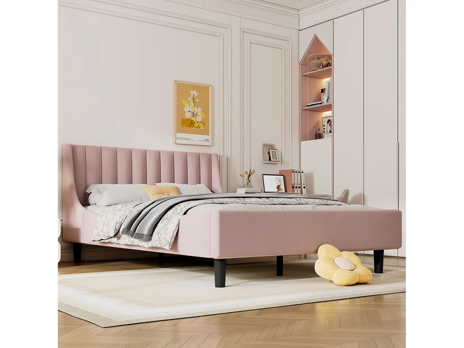 Volwassen bed 140 x 200 cm, tweepersoonsbed, gestoffeerd bed met lattenbodem, tienerbed, fluweel, roze