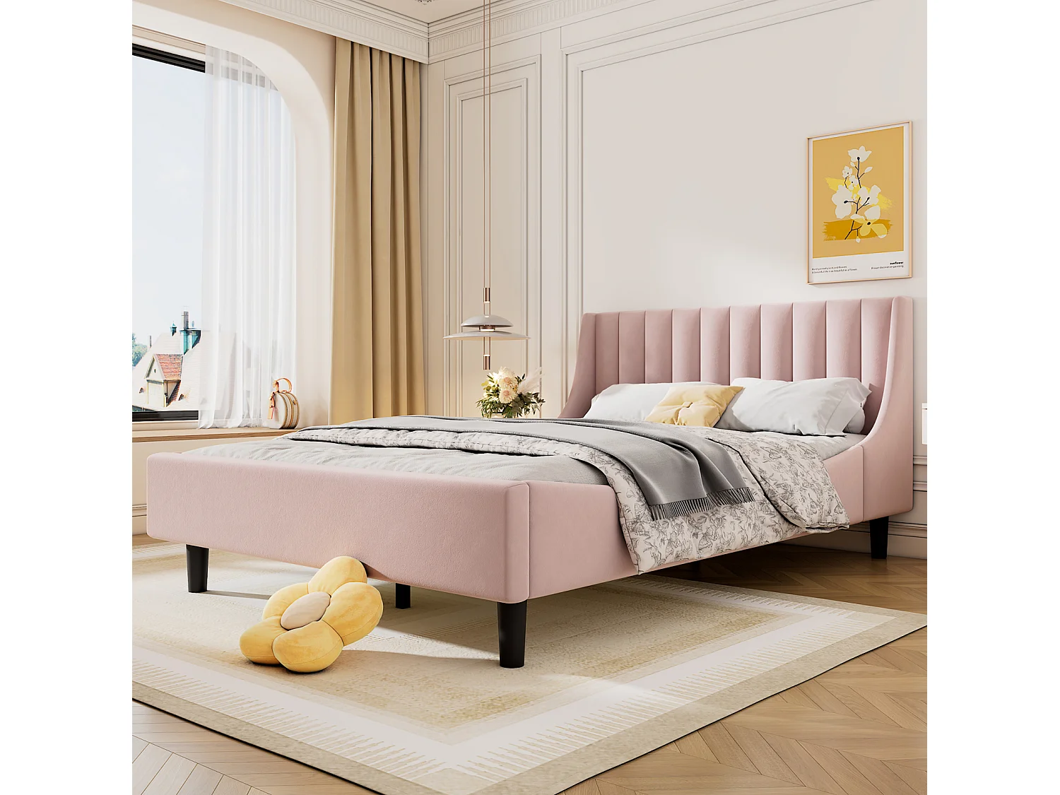Volwassen bed 140 x 200 cm, tweepersoonsbed, gestoffeerd bed met lattenbodem, tienerbed, fluweel, roze